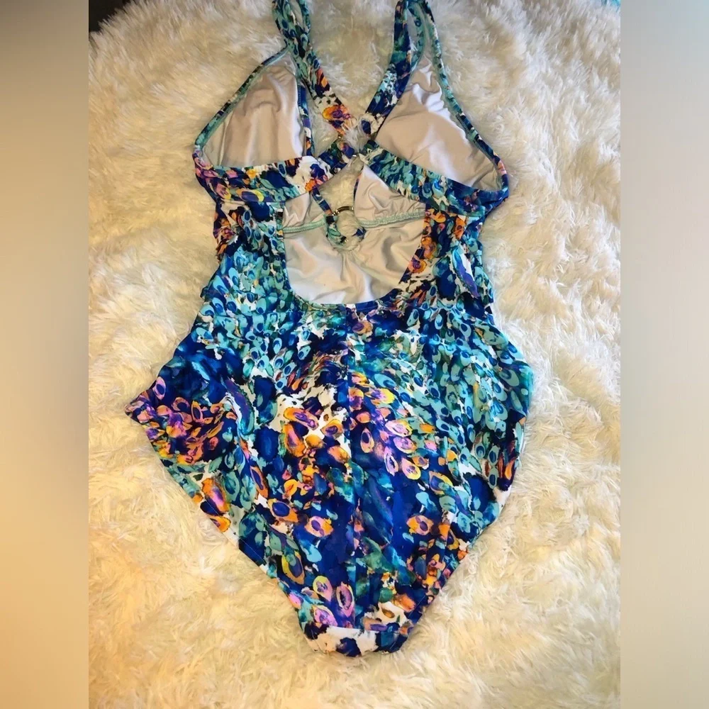 VENUS Blue and Orange One Piece Swimsuit with Plunging V-neckline